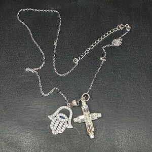 Real Silver 92.5 with Silver Hamsa and Cross Pendant Necklace